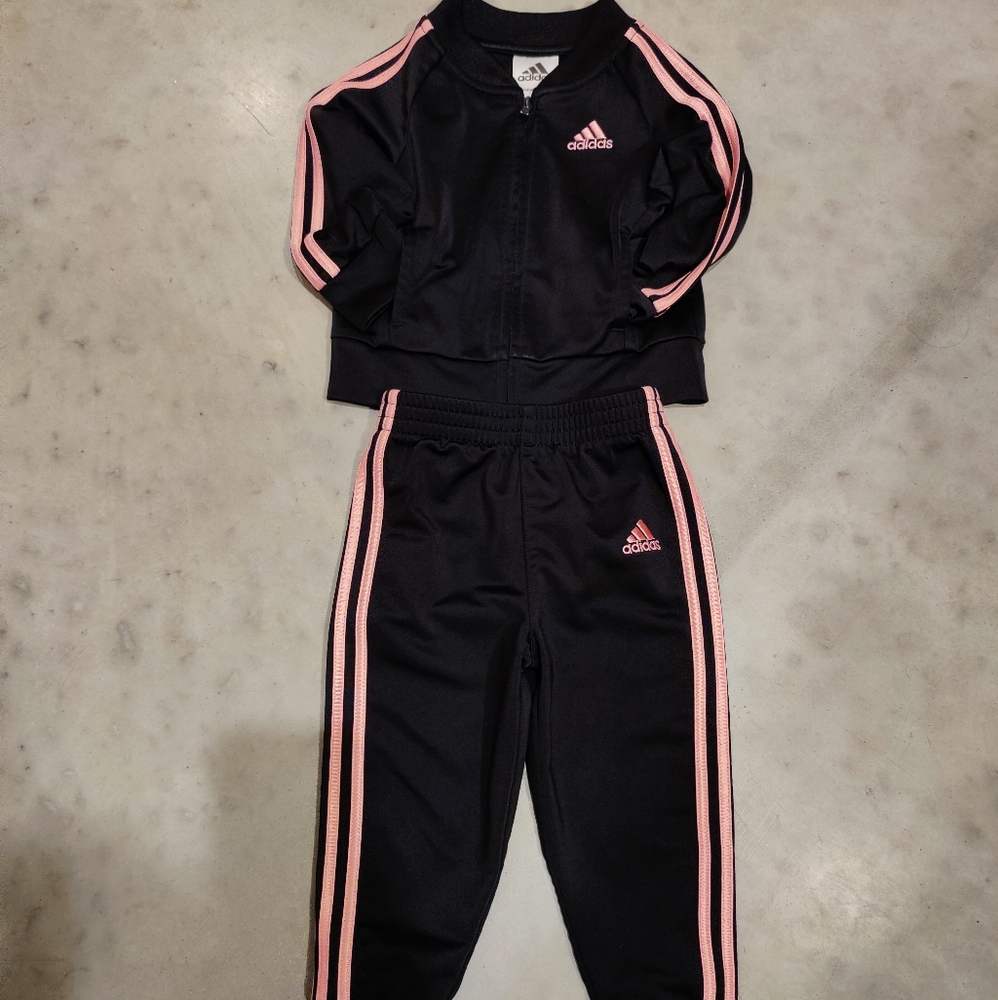 adidas Black and Pink Girls 2-Piece Track Set